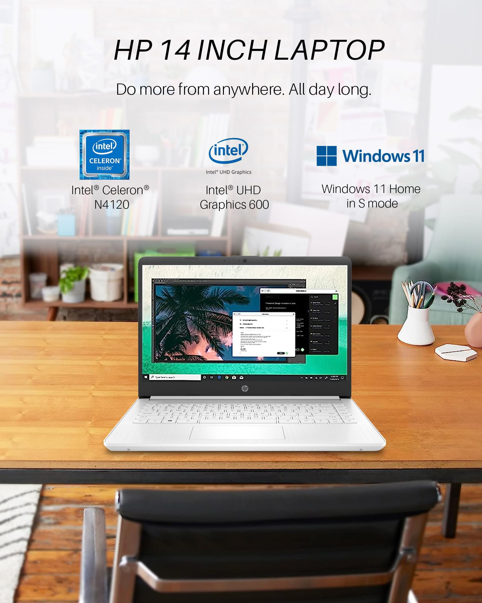 HP 14 Inch Laptop for College Students, Ultral Light Laptops for Business, Intel Celeron N4120, 16GB RAM + 320GB Storage (64GB eMMC+256GB MSD), 1-Year Office 365, White, Windows 11 S