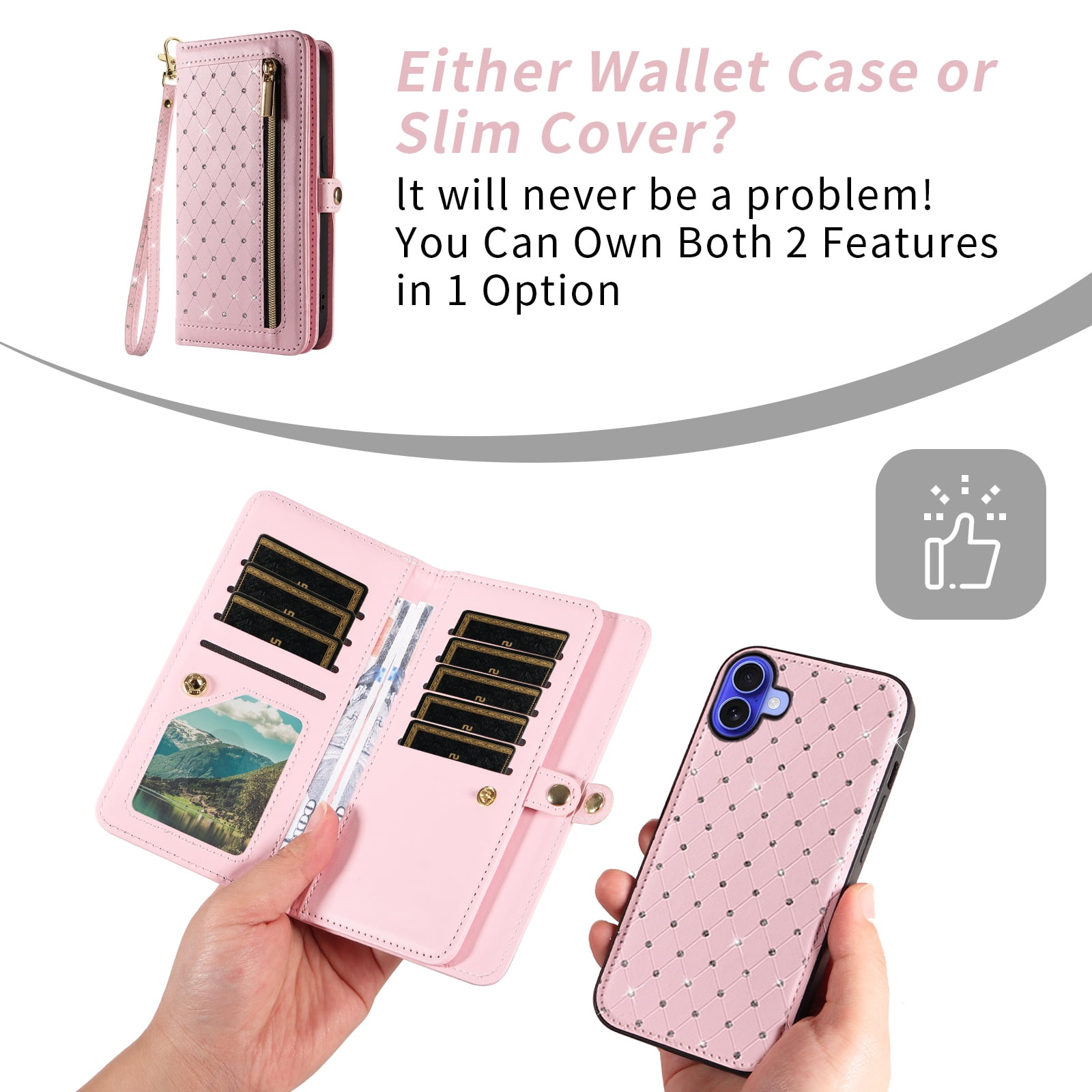 Asuwish Phone Case for iPhone 16 6.1 inch Zipper Wallet Detachable Cell Cover with Tempered Glass Screen Protector Crossbody Lanyard Strap Bling Glitter Flip Card Holder Slot i Phone16 i16Case Pink