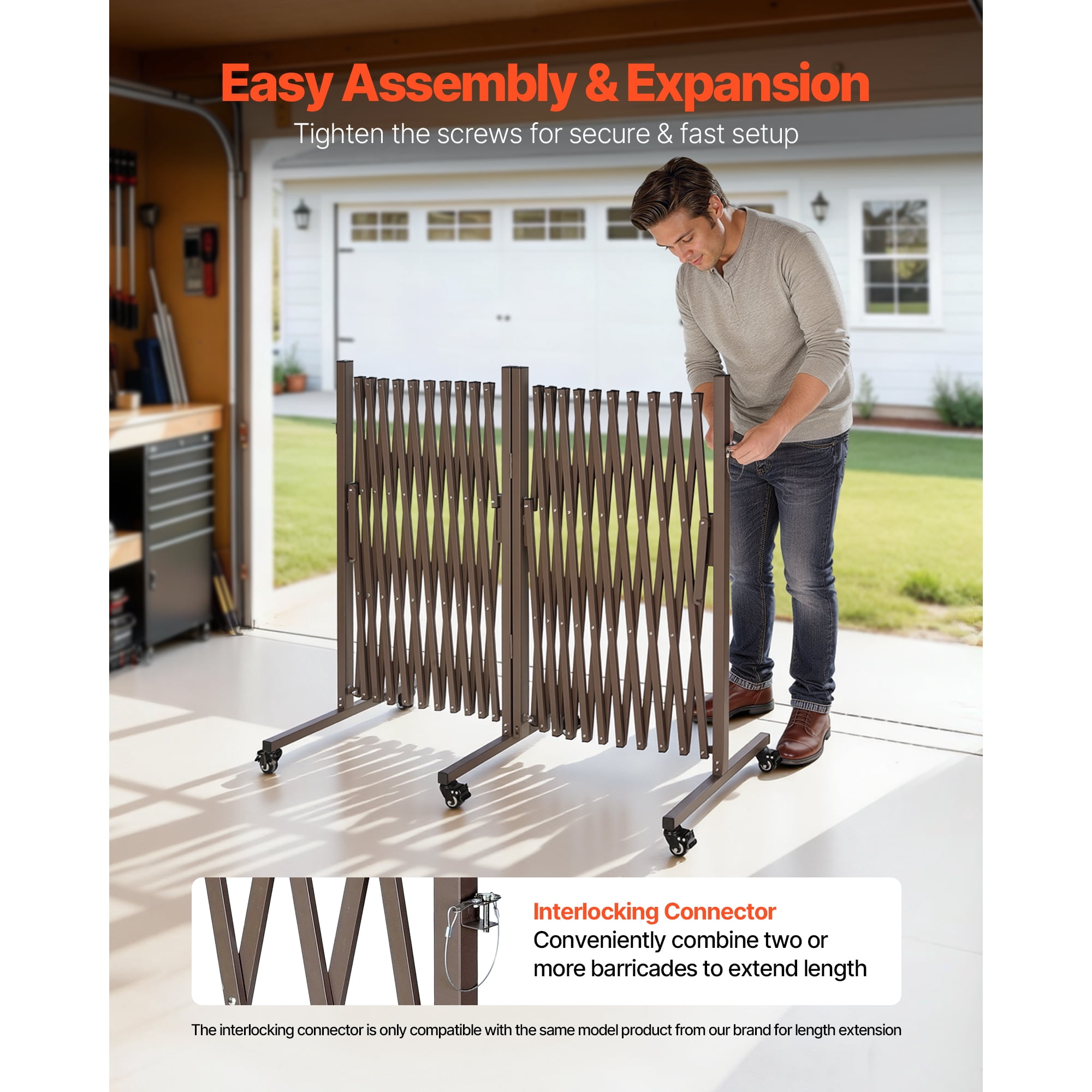 KFFKFF Double Expandable Barricades, 27FT Adjustable Safety Barrier, 0-180° Rotating Mobile Gate with Lockable Wheels, Portable Folding Fence for Outdoor, Garden, and Stairway Use