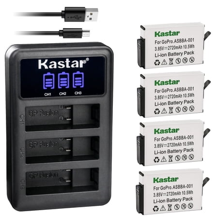 Kastar 4 Pack Battery and LCD Triple USB Charger Compatible with GoPro Camera ASBBA-001 Fusion Battery GoPro ASBBA-001 Battery Gopro Fusion 360-Degree Action Camera Gopro Fusion VR 360 Camera