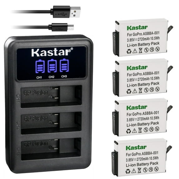 Kastar 4 Pack Battery and LCD Triple USB Charger Compatible with GoPro Camera ASBBA-001 Fusion Battery, GoPro ASBBA-001 Battery, Gopro Fusion 360-Degree Action Camera, Gopro Fusion VR 360 Camera