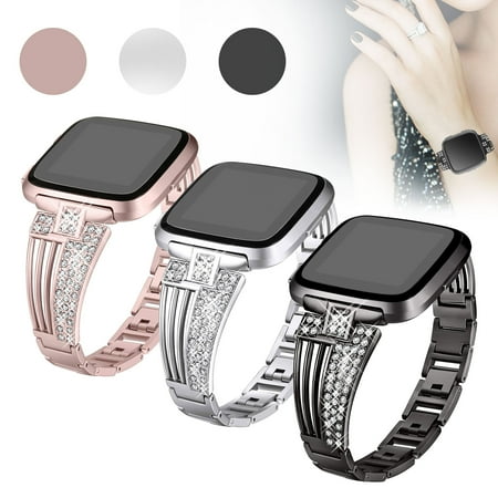 Metal Polished Watch Band - EEEKit Compatible with Fitbit Versa Bands, Replacement Stainless Steel Metal Watch Band Women Rhinestone Scalloped Shape Bracelet Bangle Wristband for Fitbit Versa & Fitbit Versa Lite Smartwatch
