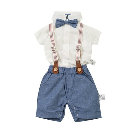 

Bagilaanoe Infant Baby Boys Short Sleeve Bowtie Buttons Bodysuit Shirts Suspender Shorts Casual Summer Clothes