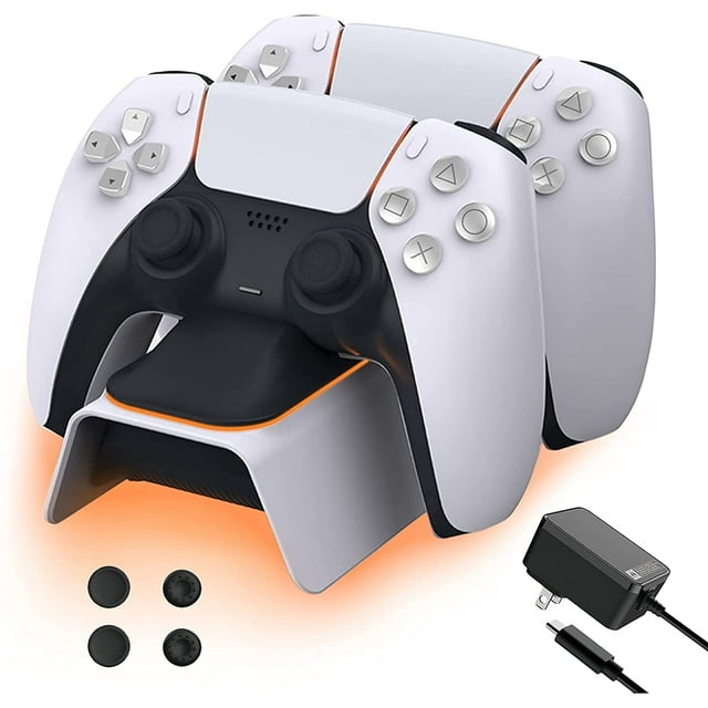 Cargador para mando de PS5 con kit de agarre para el pulgar, adaptador de CA de carga rápida, base de carga Dualsense para dos mandos de Playstation 5 con indicador LED, color blanco