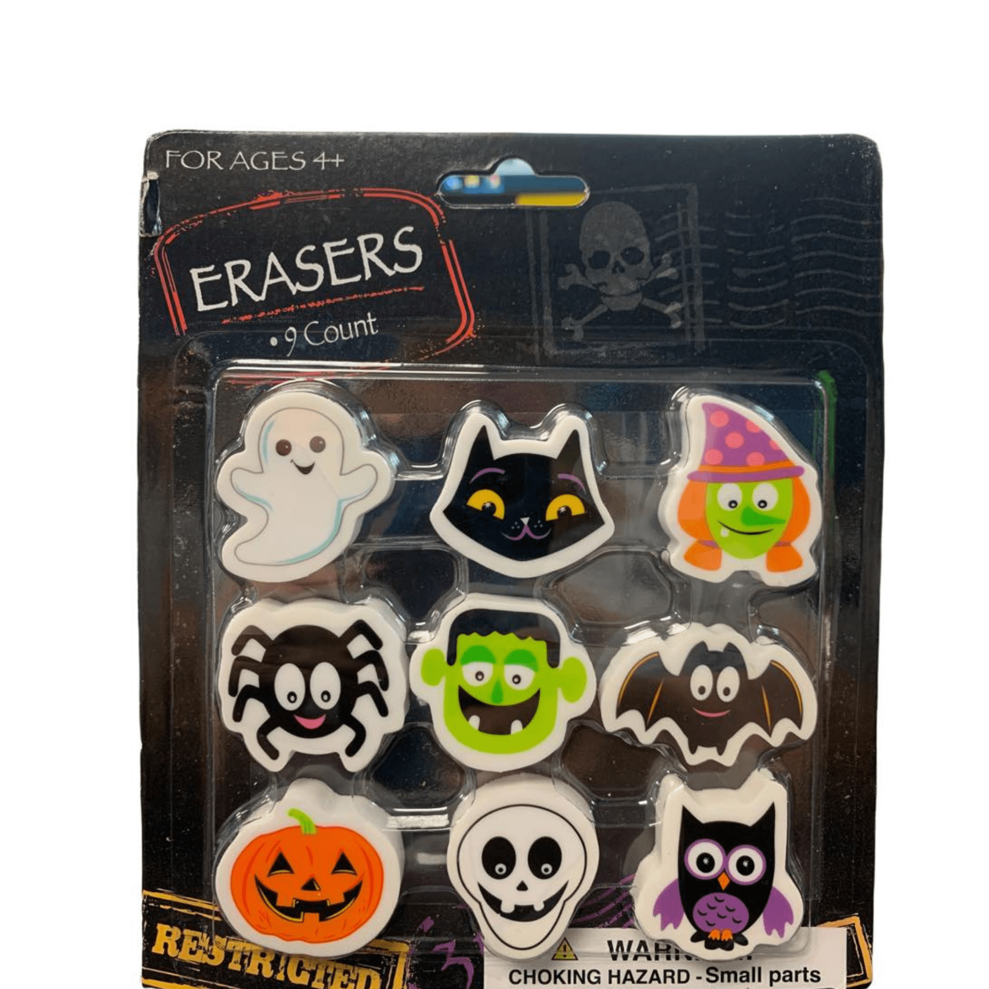 9 Count Halloween Erasers Include Pumpkin, Cat, Monsters, Spider, Skeleton, Ghost, Skull & Bat