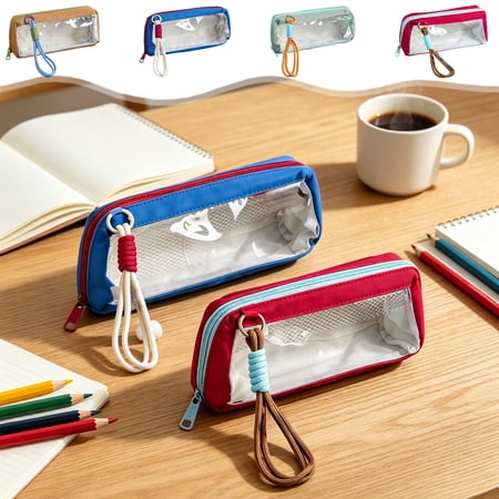 Uncomplicated Solid Color Pencil Case • Large Capacity Stationery Organizer • Transparent Window Design • Portable Handle • Durable Fabric • Smooth Zipper