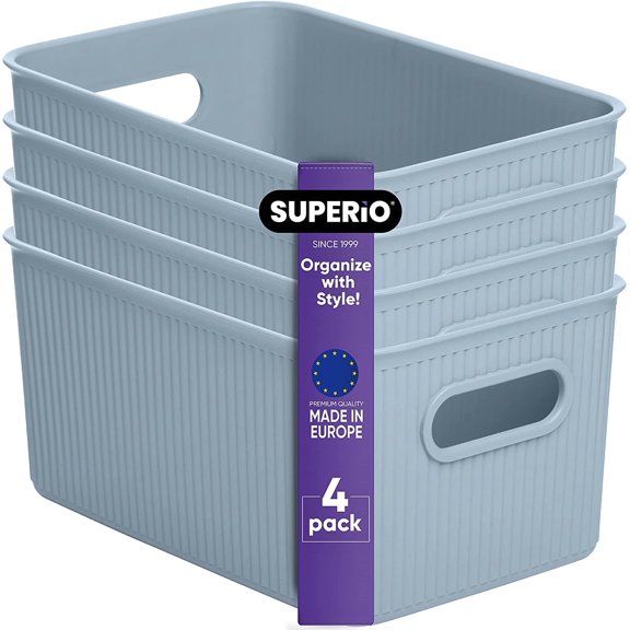 Superio Ribbed Plastic Storage Basket Organizer (4 Pack), Stackable Classic Closet Storage Bin for Shelf, Desk, Pantry- Store Toys, Clothes, Cosmetics, Stationary (Blue, 5 Liter)