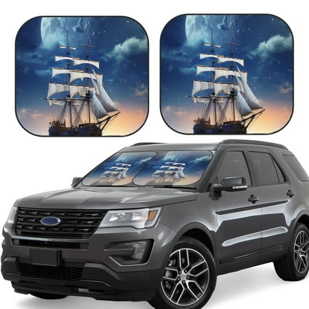 Hirioo Moonlit Night Sea Sailboat for 2PCS Windshield Sun Shade Foldable | Front Windshield Shade for Sun Heat and UV Rays-Large