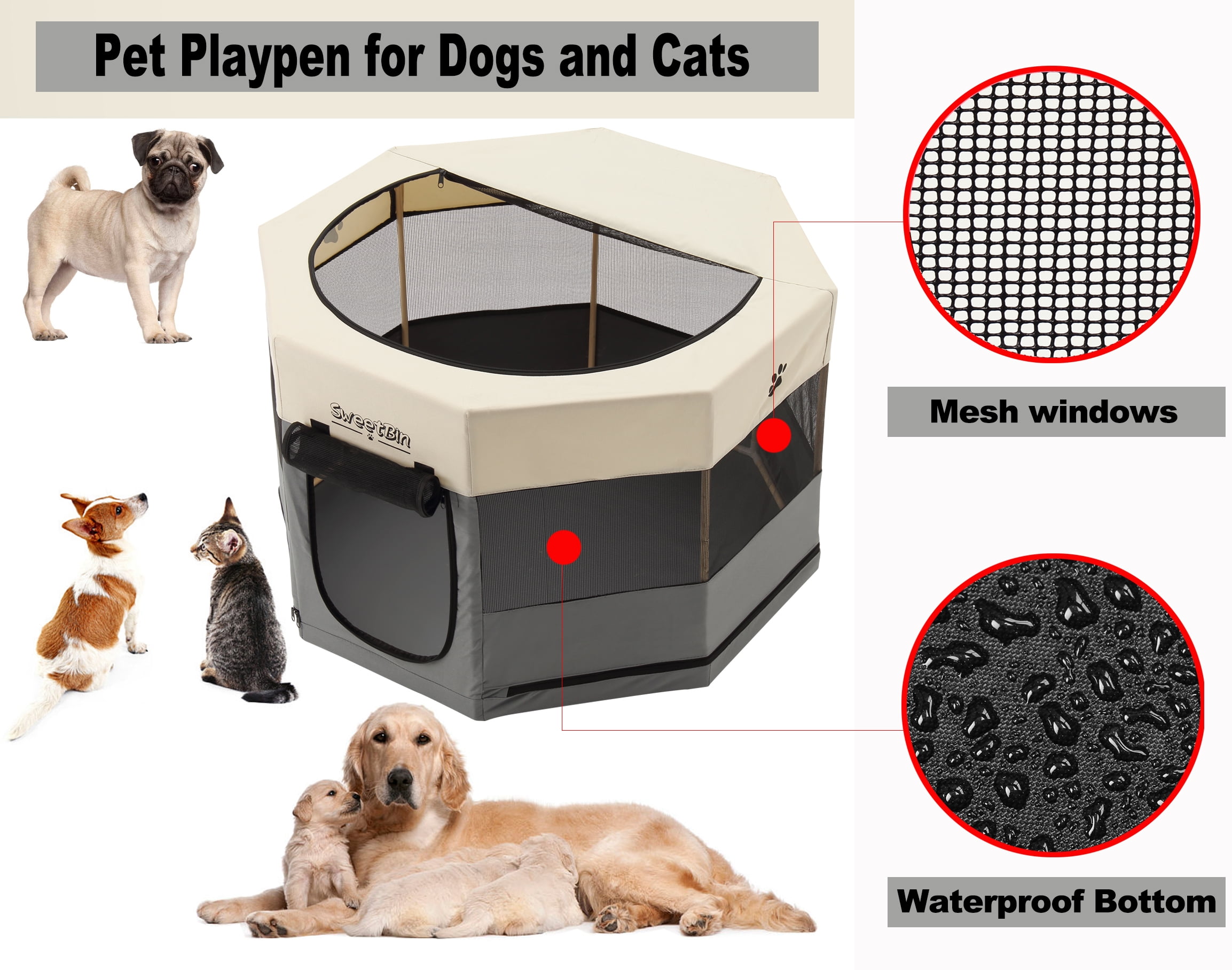 Medium Wood Frame Dog Playpen for Medium Dogs,Cat Playpen with Waterproof Bottom,Travel Pet Play Pen with Side Door for Puppies (36" x 36" x 23", Light Beige)