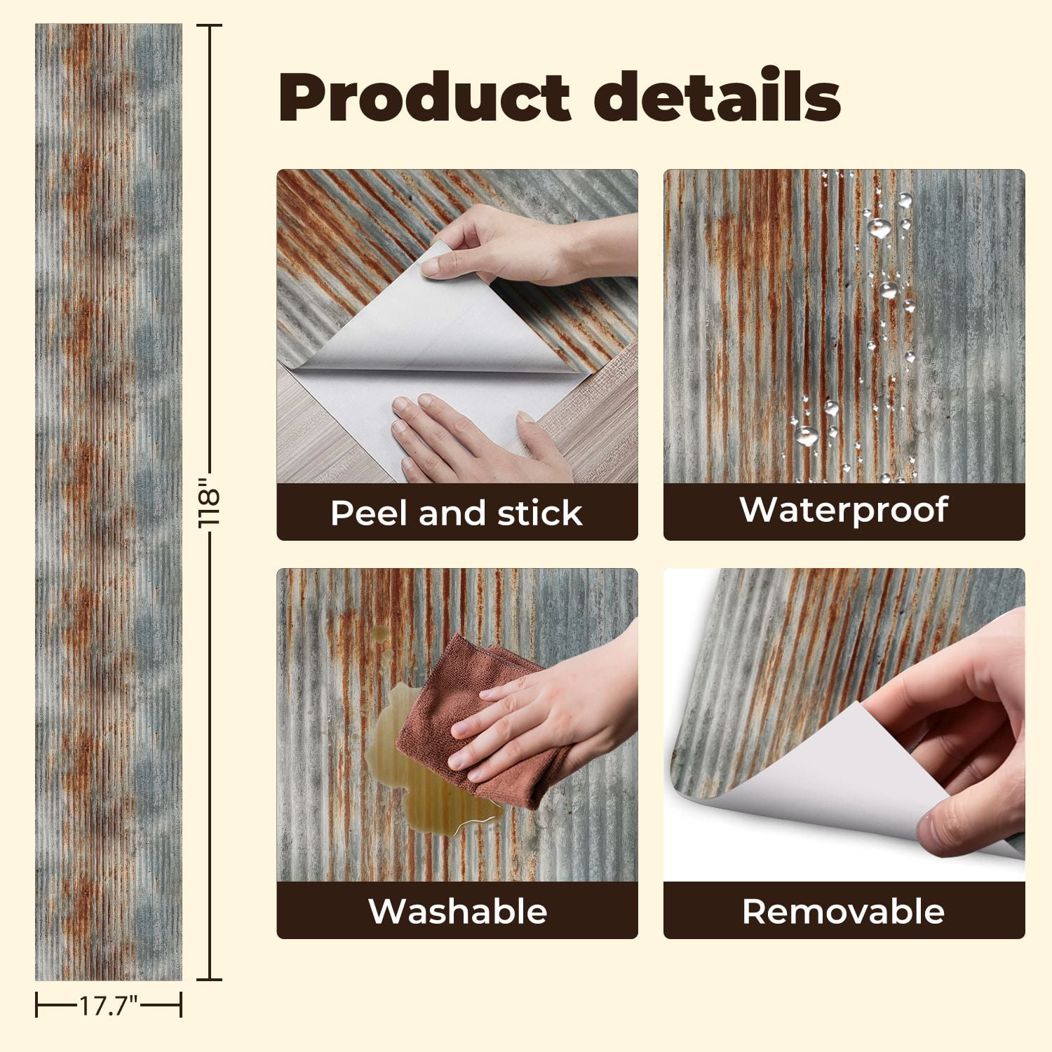 Modern Industrial Rusty Corrugated Metal Texture Weathered Gray Orange Patina Wall Mural 17.7in x 9.8ft Self Adhesive Removable Wall Paper Renter Friendly Wallpaper for Bedroom Cabinets