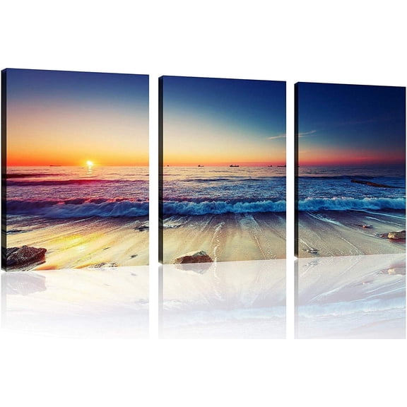 3 Panels Beach Home Beach Decor Beach Wall Art Beach Decor for Home White Ocean Beach Sunrise with Deep Blue Sky Beach Pictures Beach Art for Wall Beach Art Wall Decor 12" x 16" x 3 Pieces