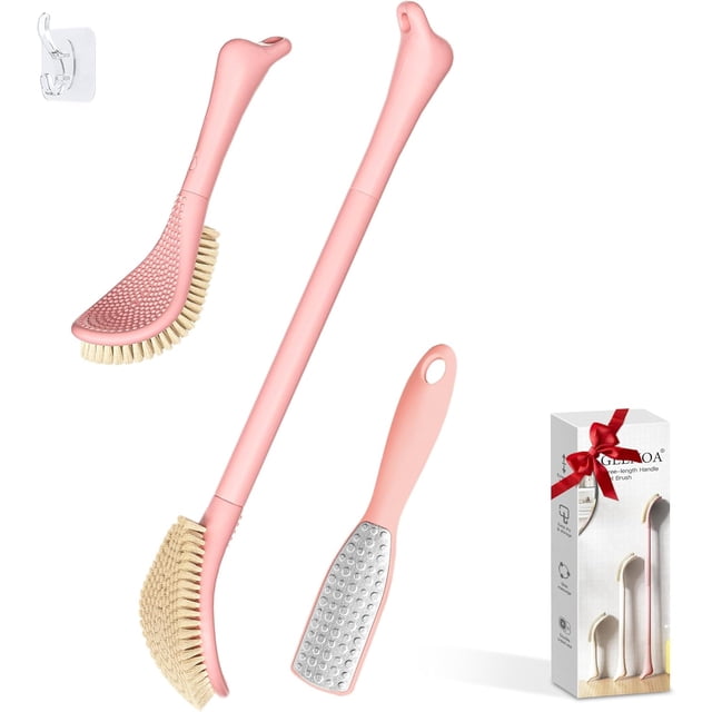 New Foot Brush & Foot File Set(2PCS), 3-in-1 Foot Scrubber in Shower, 10.2‘‘-27.5‘‘Adjustable Long Handle Foot Scrub Brush and Upgrade Foot File Callus Remover, Gift-Box Packed(Pink Set)