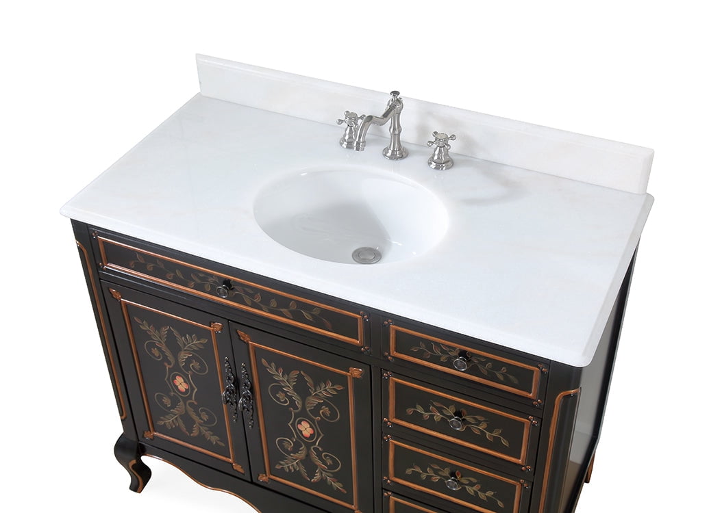Benton Collection 42" Black Hand-Painted Floral Bathroom Vanity with White Marble Top