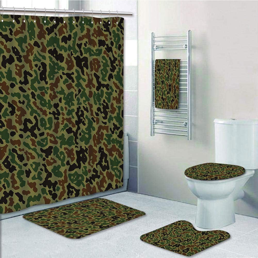 Grey and Yellow Camouflage Shower Curtain Toilet Cover Rug Bath Mat Contour Rug 
