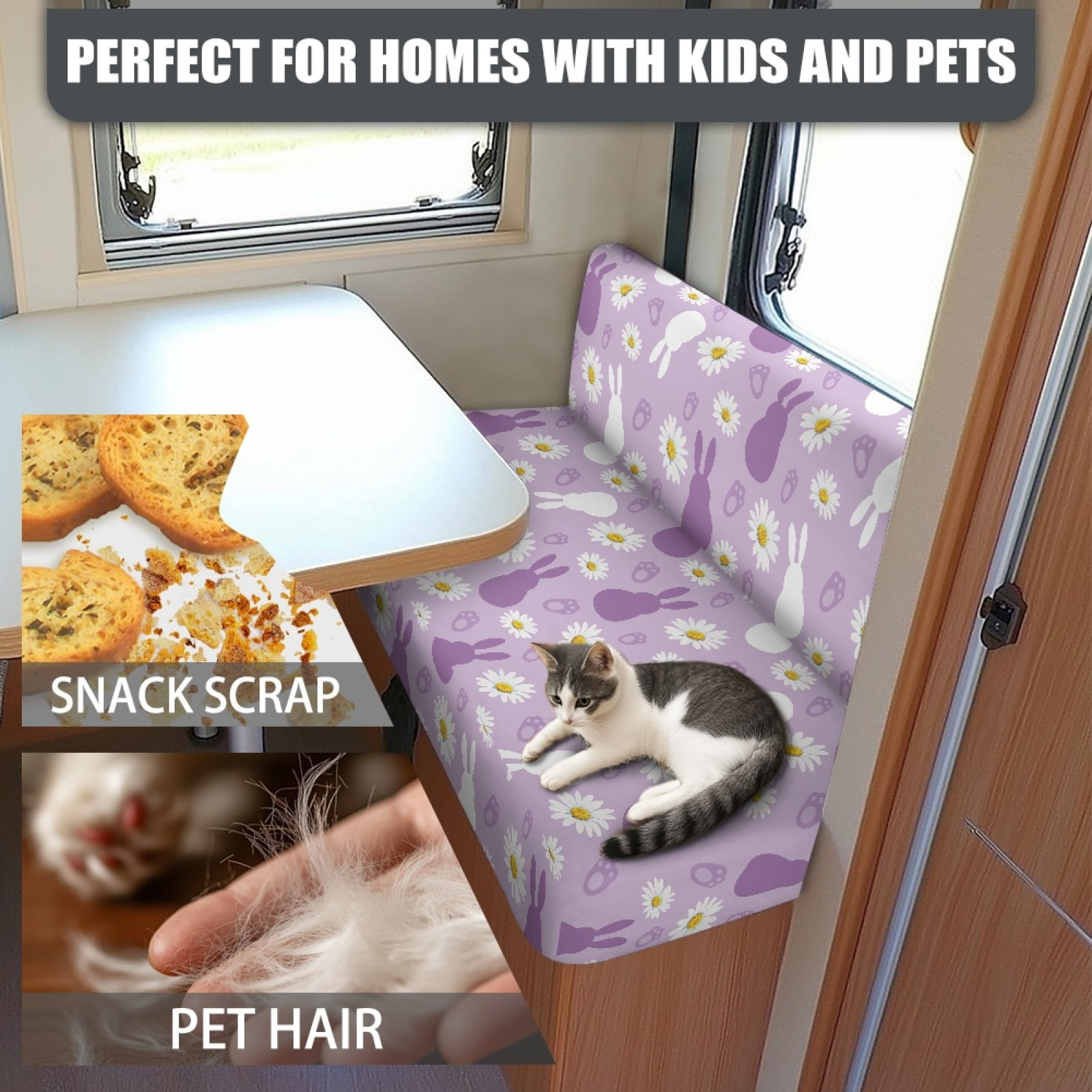 FOR U DESIGNS Bunny Daisy Print 2 Pcs RV Dinette Cushion Covers Non-Slip Camper Seat Covers Dinette Booth Stretch Sofa Furniture Protector Sofa Slipover for Travel Trailer Couch