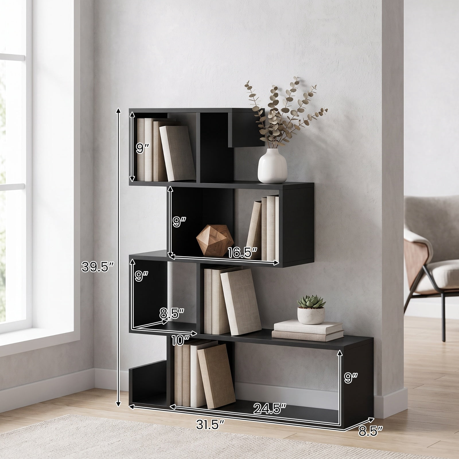 Furnibear 5-Tier S-Shaped Bookshelf Geometric Z-Shelf Bookcase with Open Cubes for Living Room Home Office Bedroom Display Storage Shelf, Black