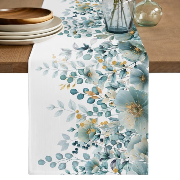 Table Runners 90 Inches Long Dress Scarves, Teal Tulip Eucalyptus Farmhouse Coffee/Dining/Kitchen Table Decor Table Runner for Living Room, Spring Summer Botanical Floral Chic 13x90 Inch