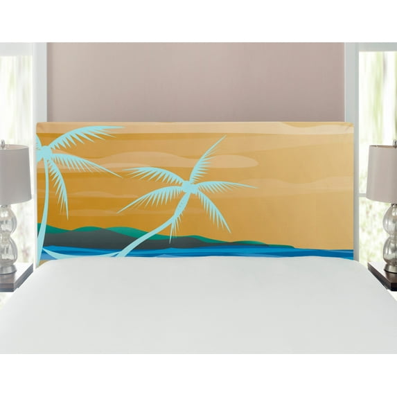 Beach Headboard, Illustration of Hammock in the Tropical Sandy Beach with Exotic Color Ocean Print, Upholstered Decorative Metal Bed Headboard with Memory Foam, Full Size, Navy Cream, by Ambesonne