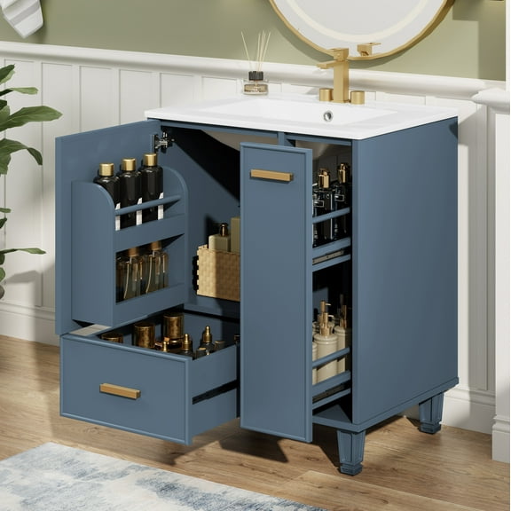 Christopher Knight Home 24" Bathroom Vanity with Ceramic Sink, 2-Tier Pull-Out Basket, Storage Cabinet, Gray