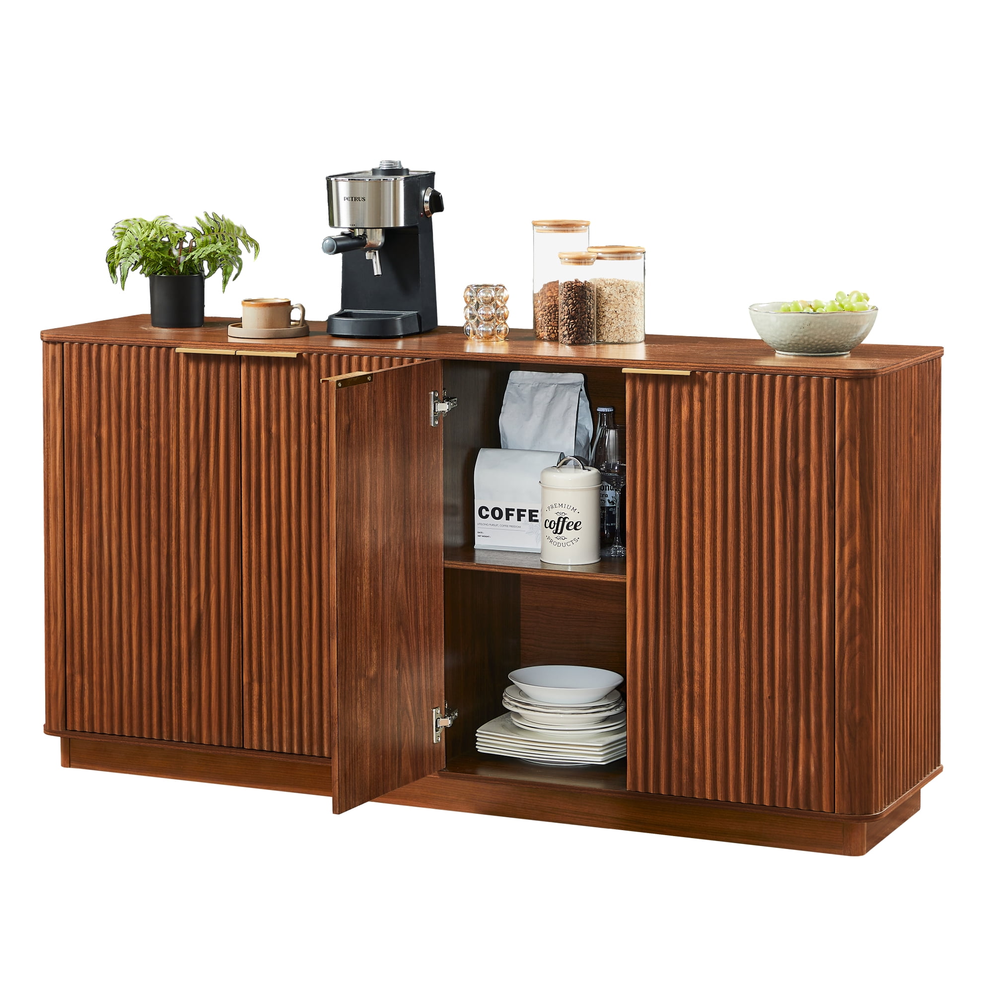 Leumius 63" Vertical Stripe Buffet Cabinet Sideboard with stoarge, Curved Wave Design, TV Stand for Bedroom Living Room Hallway Walnut