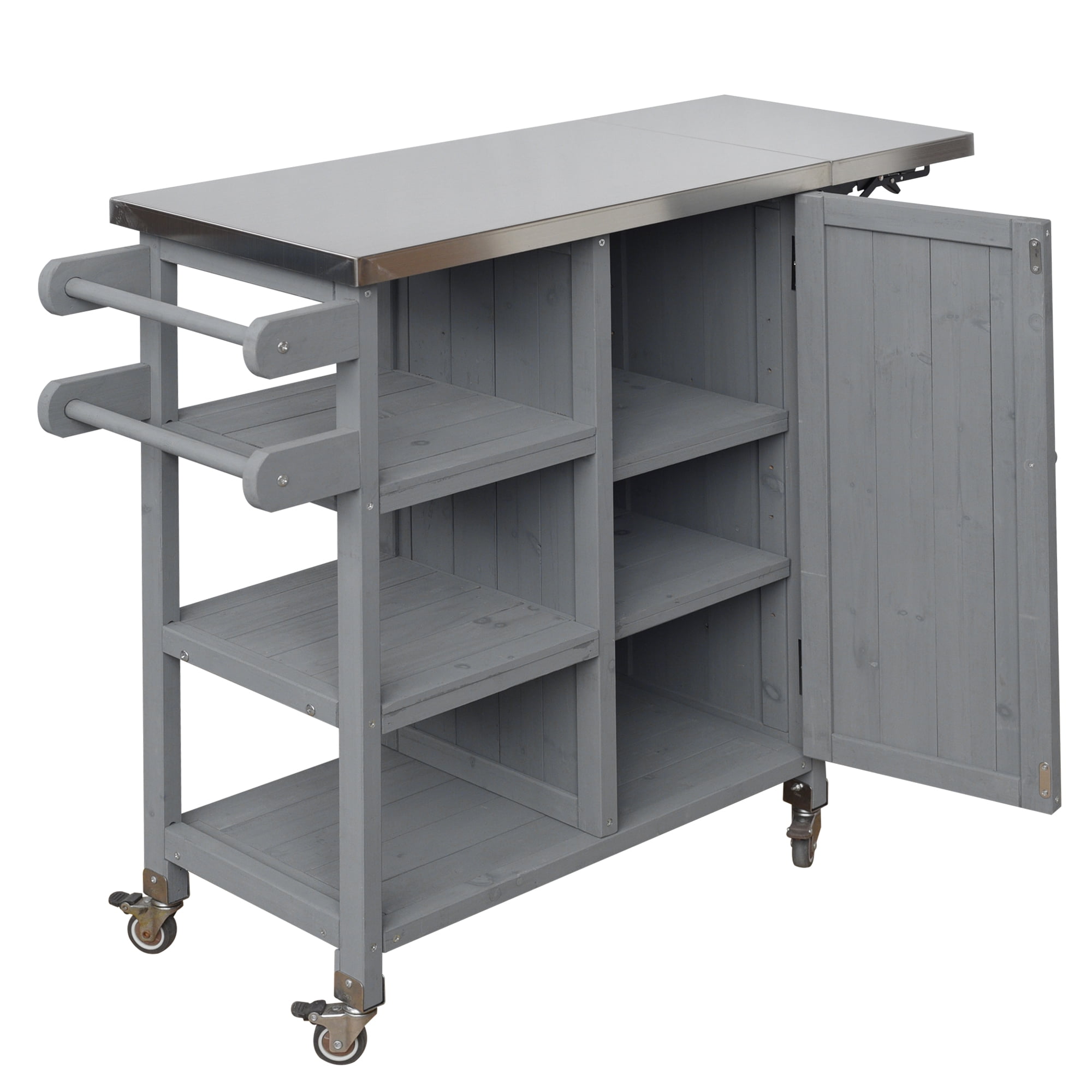Foldable Outdoor Kitchen Island, Stainless Steel Top Prep Cart, Fir Wood Portable Kitchen Cart with Lockable Wheels for Patio, Balcony, Grey