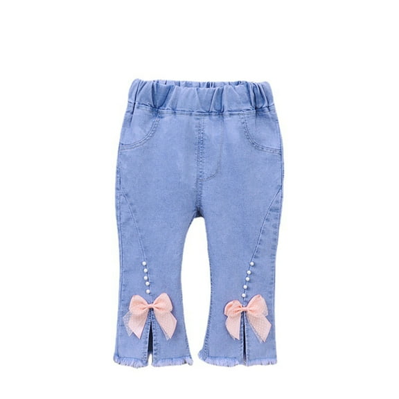 LYMAYTER Girls Jeans Flare Pants for Kids Baby Summer Printed Denim Trousers Toddler Stretch Flare Leggings 1-6 Years