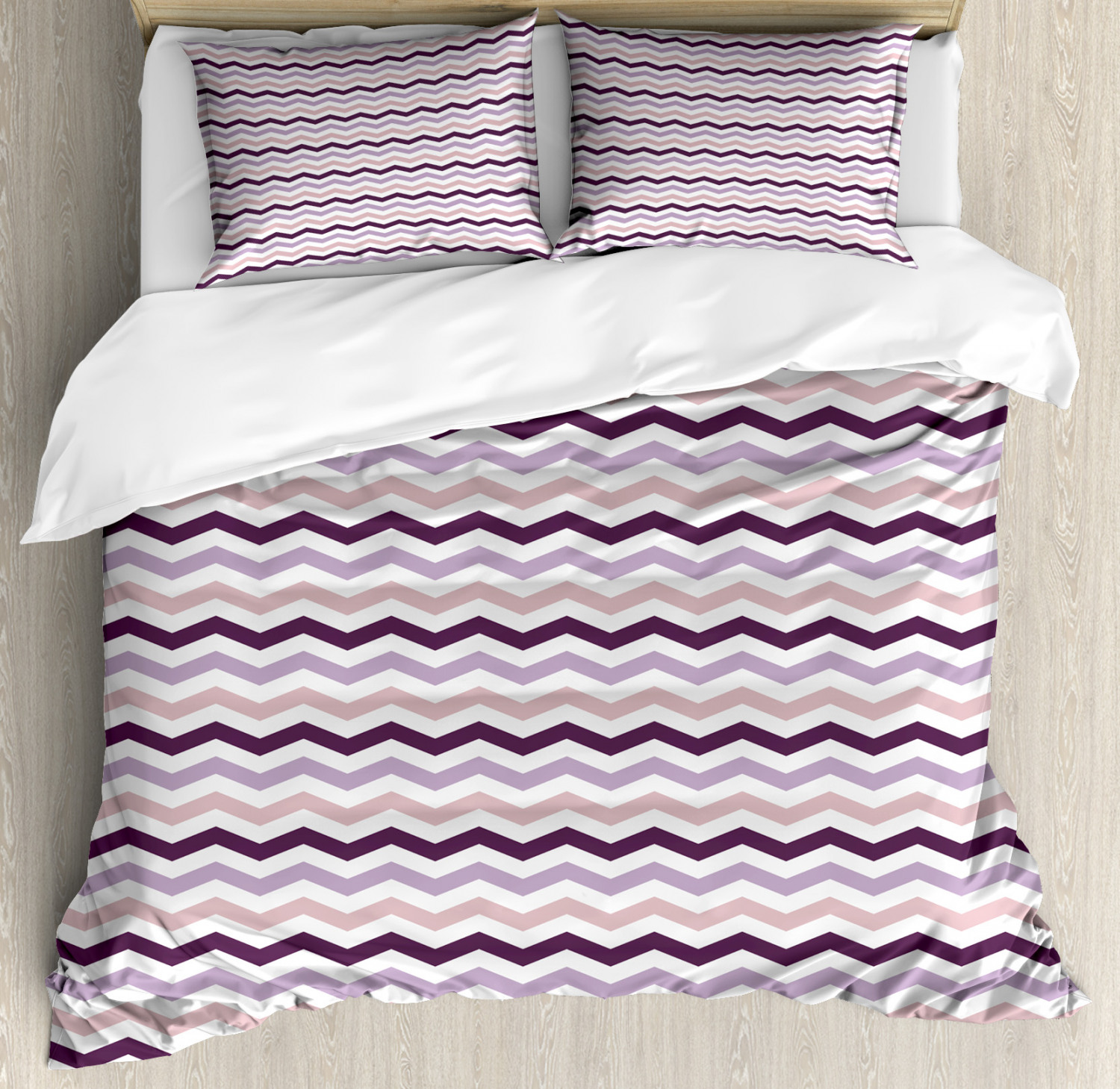 Eggplant Duvet Cover Set King Size, Sea Ocean Wave Inspired Zig Zag