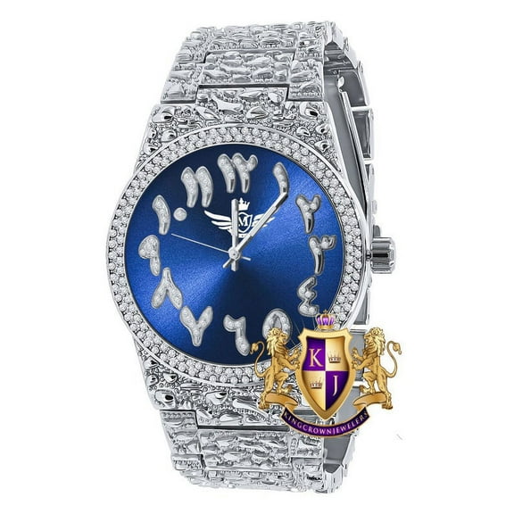 Sapphire Blue Dial Arabic Numeral Face White Gold Tone Simulated Diamond Nugget Style Men's Steel Watch 44mm