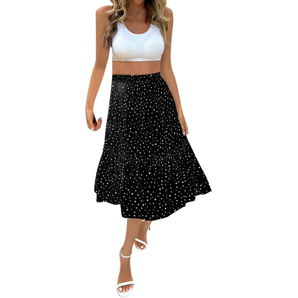 Gibobby faldas largas de mujer casuales Falda a media pierna con cintura elástica y estampado de lunares para mujer Falda de princesa hinchada(Negro, XL)