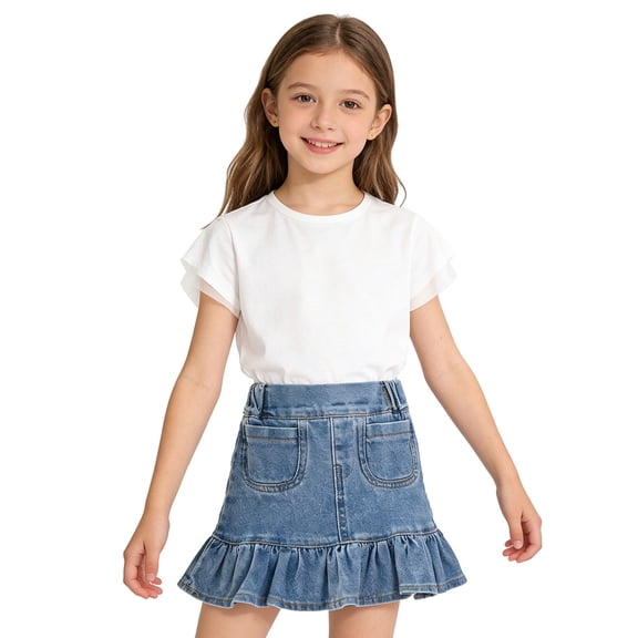 Girls' Spring/Summer Denim Skirt with Two Pockets, Suitable for Everyday Wear and School(Blue/100)