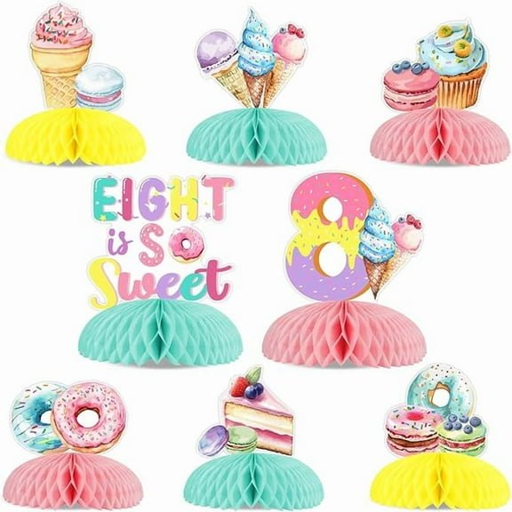 Eight is So Sweet Birthday Decorations Girls, 8pcs Donut Ice Cream 8th Birthday Table Decorations Honeycomb Centerpiece Table Topper for Girls Sweet Sassy and Eight Birthday Party Supplies