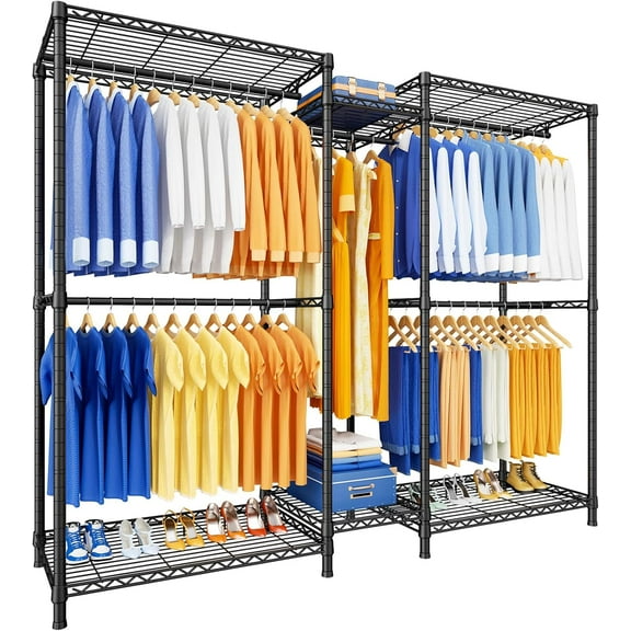 E12 Clothes Rack, Heavy Duty Freestanding Garment Rack with Shelves, Metal Clothing Closet Storage System for Hanging Clothes, 71