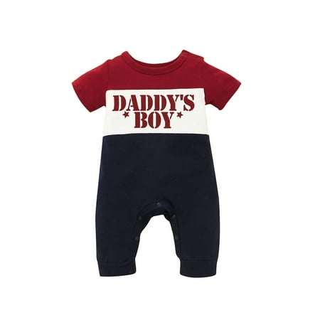 

Calsunbaby Newborn Baby Boy Romper Round Neck Letter Printed Short Sleeve Contrast Color One Piece Long Jumpsuit