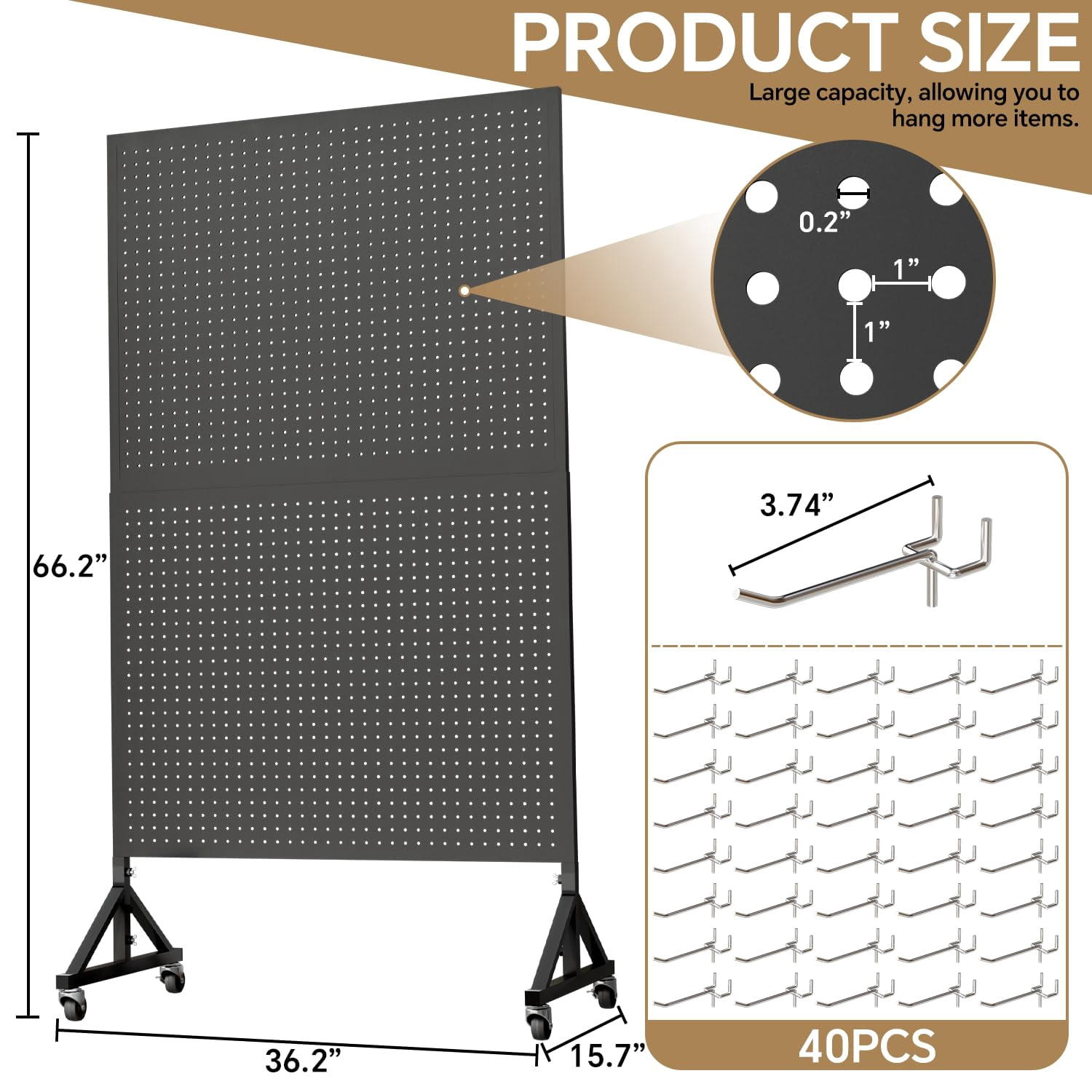 HAIDAIYA Metal Pegboard Display Stand, 3.5' x 5.5' Large Standing Peg Board Panel with 40 Hooks and Wheels, Adjustable Height, Pegboards for Office, Garage, Vendor, Retail Display Rack (Black)