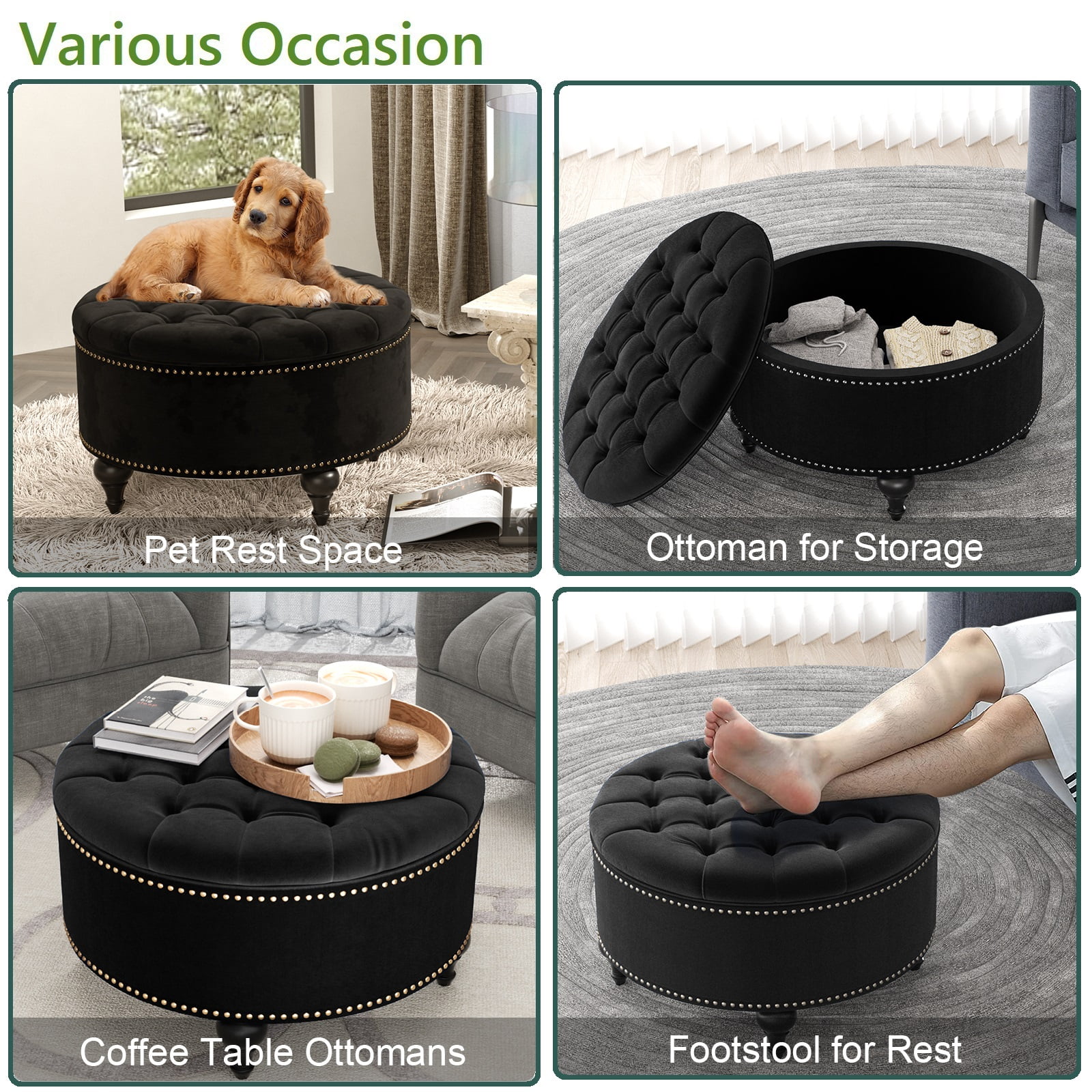 Nathaniel Home, Upholstered 30" Round Storage Button Tufted Ottoman, with Removable Lid, Modern Footrest Stool Bench, Black