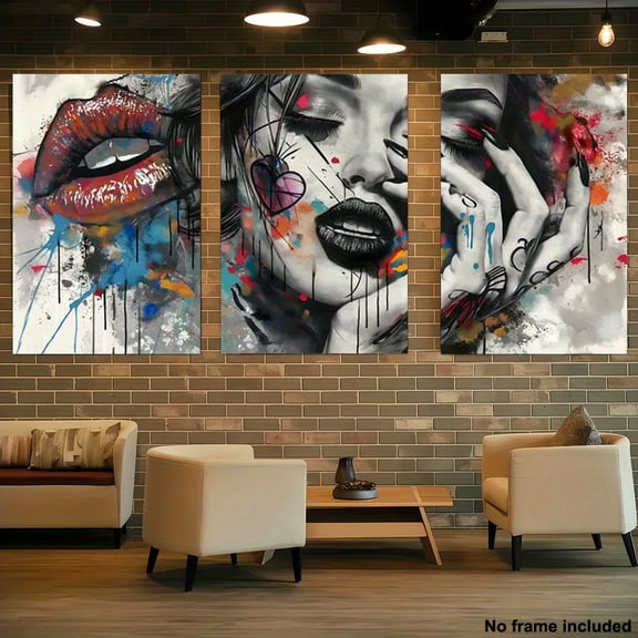 3pcs, 2D Frameless Canvas Art, Set of 3 Living Room Decorative Paintings, Frameless Canvas Prints - Modern Lip Design, Suitable for Living Room and Bedroom Decoration, High-Quality Inkjet Wall Art,