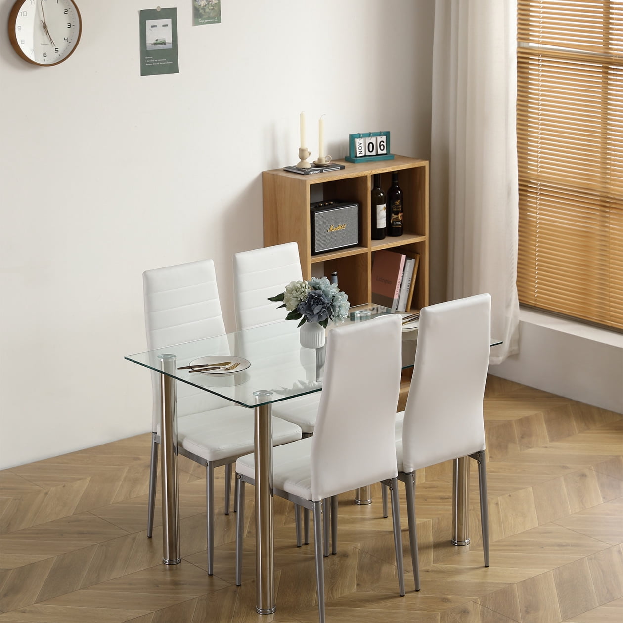 THOWDEE Glass PU Leather Dining Table Set, White