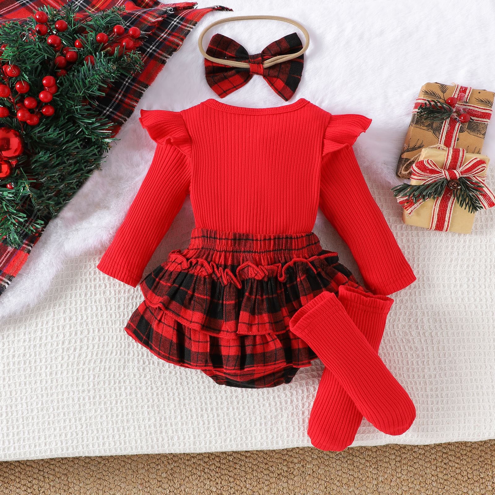 Gaexia Baby Girl Sets 6-9 Months Baby Girl Thanksgiving Outfit Bodysuit+Tutu Skirt+Headband Clothes Set Christmas Clothes,Z01-Red,6-9 Months