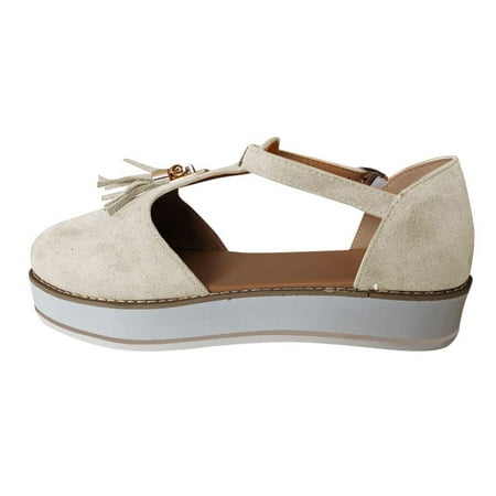 

iOPQO Women s casual shoes Women s Tassel Round Toe Flat Pumps Thick Bottom Buckle Strap Casual Beach Shoes Ladies Print Platform Buckle White 41