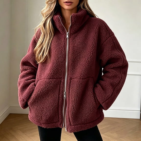 FASHOFT Fuzzy Fleece Jackets for Women Fall Winter Warm Long Sleeve Sherpa Coats Casual Full Zip Up Outerwear with Pockets Red XL