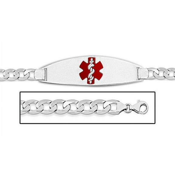 PicturesOnGold.com Sterling Silver Medical ID Bracelet W/Curb Chain W/Red Enamel - 7-1/2 inch