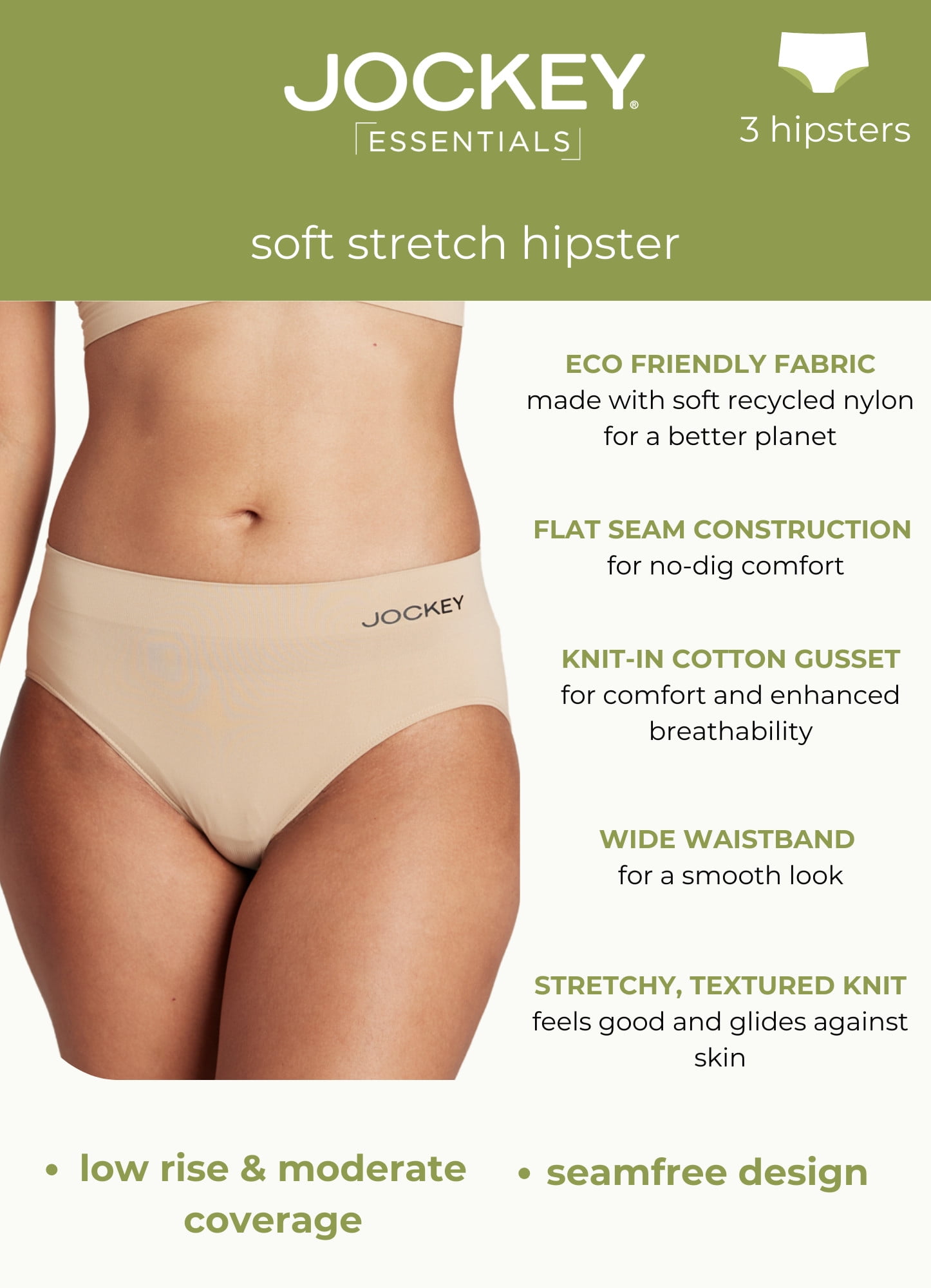 Jockey® Essentials Women's Seamfree® Eco Hipster Underwear, 3 Pack, Soft No  Line Panties, Comfort Panty, Sizes Small-3XL, 5331