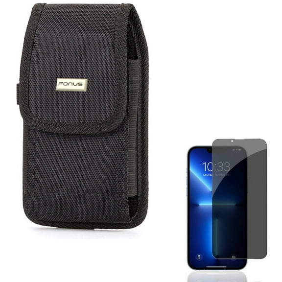 Privacy Screen Protector & Case Belt Clip for iPhone 13 Pro ONLY - Tempered Glass Curved Anti-Spy Anti-Peep 3D Edge   Rugged Holster Canvas Cover Pouch Combo
