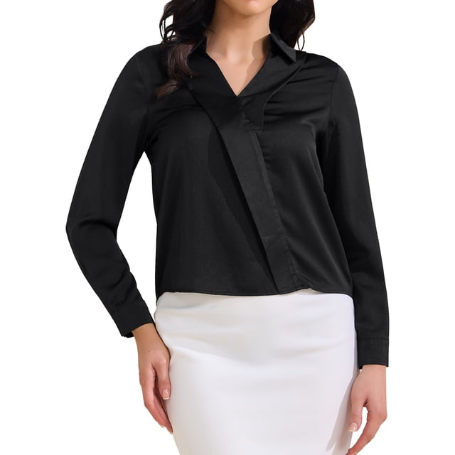 BLUSA DE TRABAJO SATINADA PARA MUJER INSPIRE CHIC CON CUELLO EN V Y MANGA LARGA, CAMISA OFICIAL NEGRA