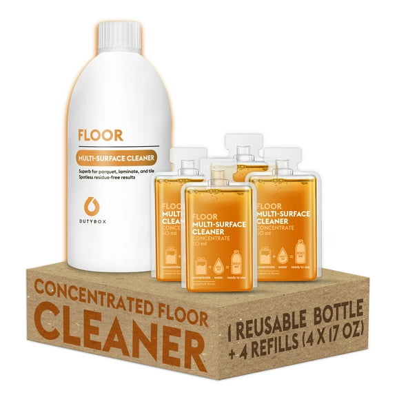 DutyBox Concentrated Floor Cleaner - Natural Shine & Polish Solution - Household Cleaning Supplies for Parquet, Laminate, Stone, Tile, and Wooden Flooring - 1 Reusable Spray Bottle, 4 Scented Refills