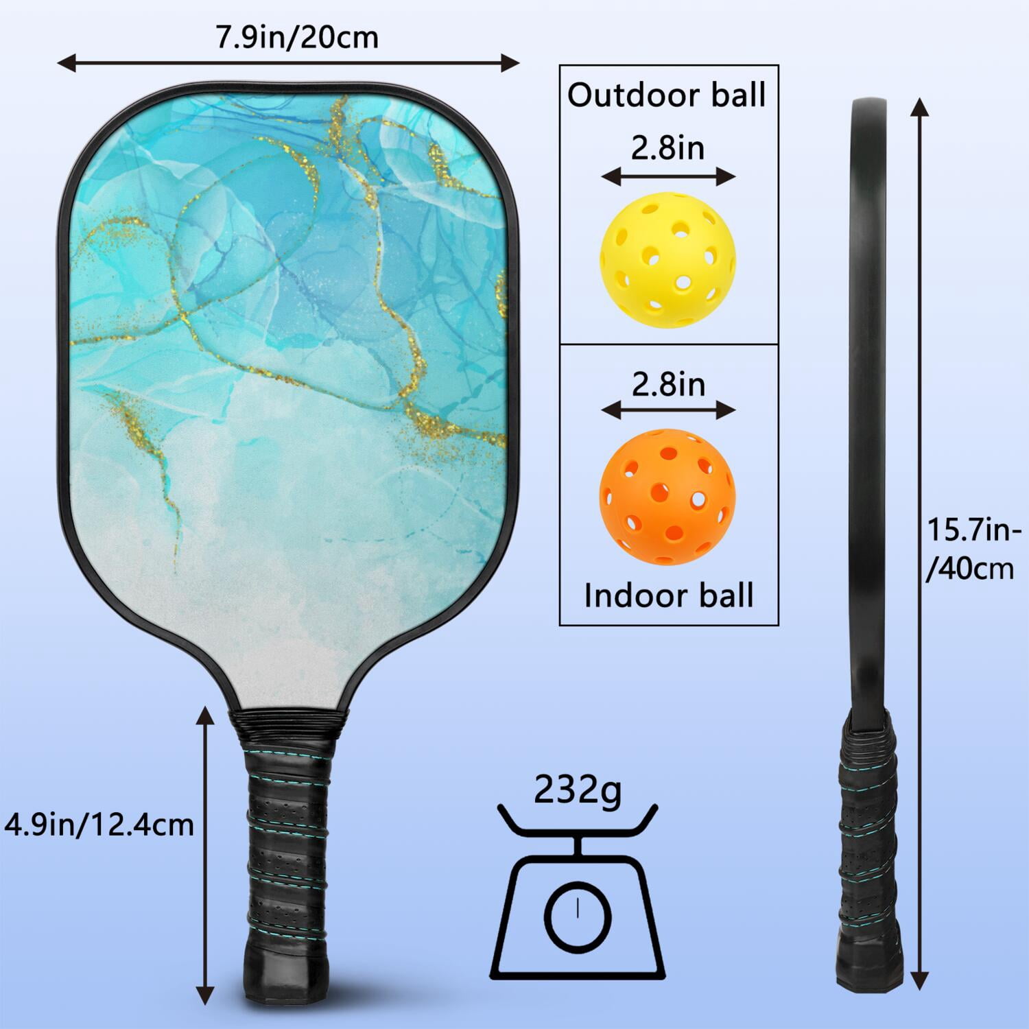 Pickleball Paddles Set Of 1, Fiberglass Surface, Turquoise Marble Pattern, 1 Paddle, 2 Balls & Bag