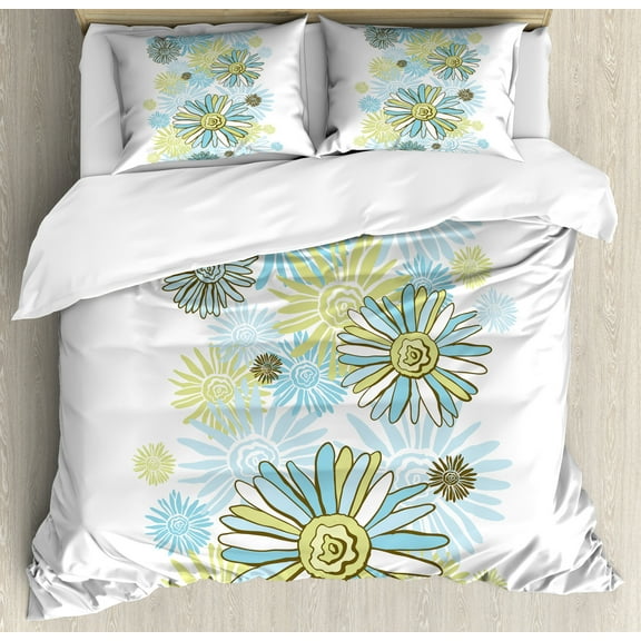 Turquoise Duvet Cover Set, Chamomiles Flower Blossom Wildflower Blooms Summer Illustration, Decorative 3 Piece Bedding Set with 2 Pillow Shams, Queen Size, Pale Green Dark Green, by Ambesonne