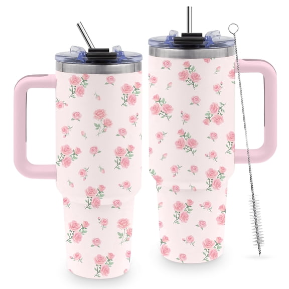40 Oz Rose Tumbler Gifts for Women, Pink Rose Flower Water Bottle with Handle and Straw, Stainless Steel Coffee Travel Mug Cup, Christmas Birthday Gifts for Her, Daughter, Friends