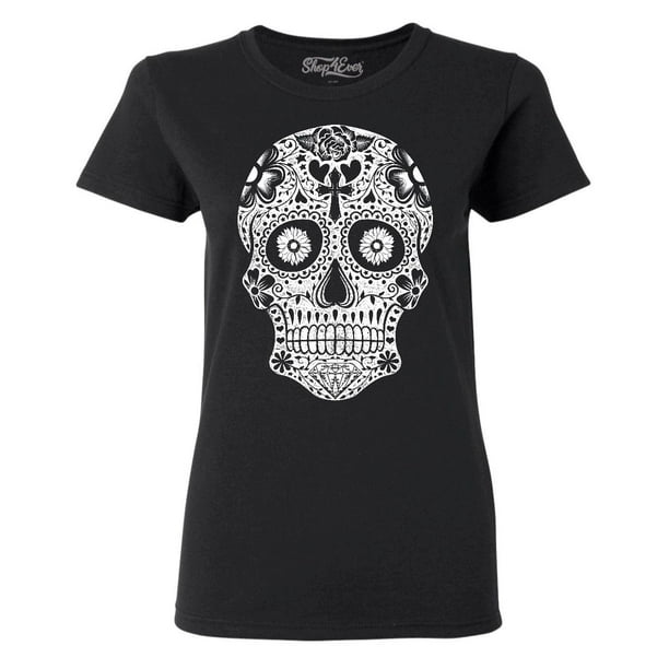 Shop4Ever Women's Day of the Dead White Skull Graphic TShirt Medium
