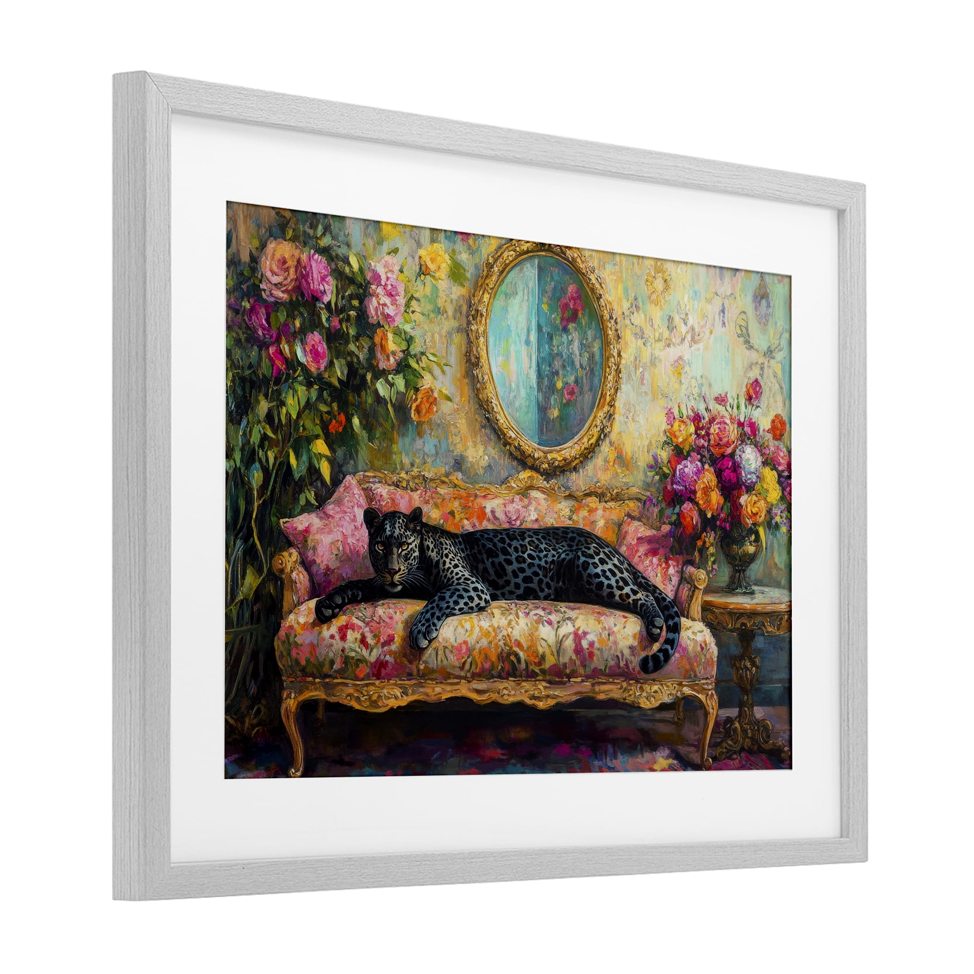 Stupell Industries Lounging Leopard on Floral Sofa Gray Framed Print Under Glass, design by Petal Prints Design